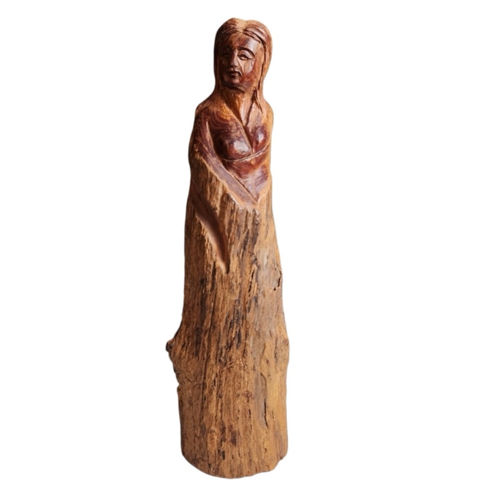 HAND CARVED WOODEN SCULPTURE OF A WOMAN SIGNED